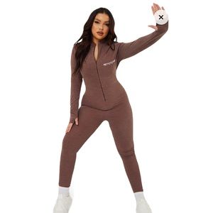 Pretty Little Thing Chocolate Embroidered Zip Front Catsuit US Size 12